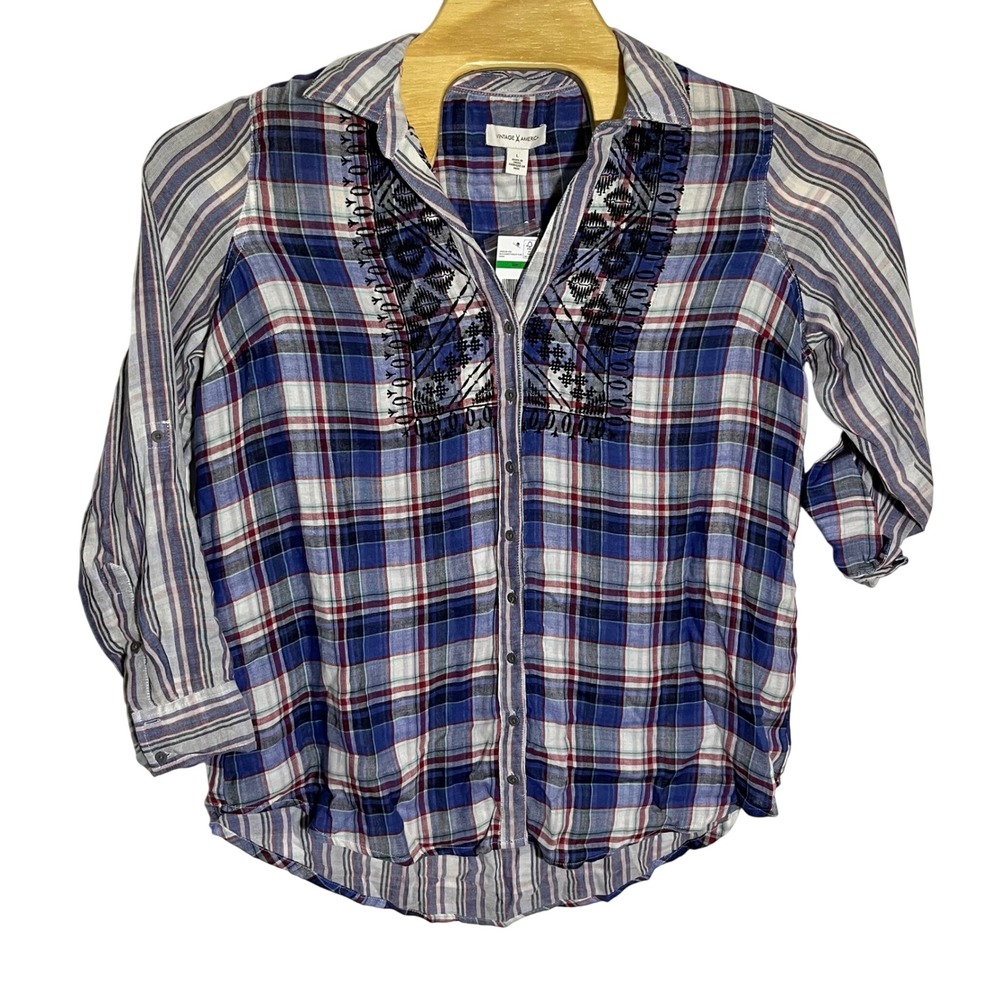 Vintage America Women's Plaid Embroidered 3/4 Sleeve Button Down Shirt Large